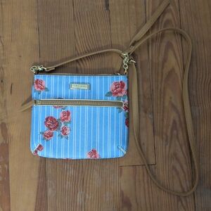Tahari Blue Floral Crossbody Bag with Tan Trim